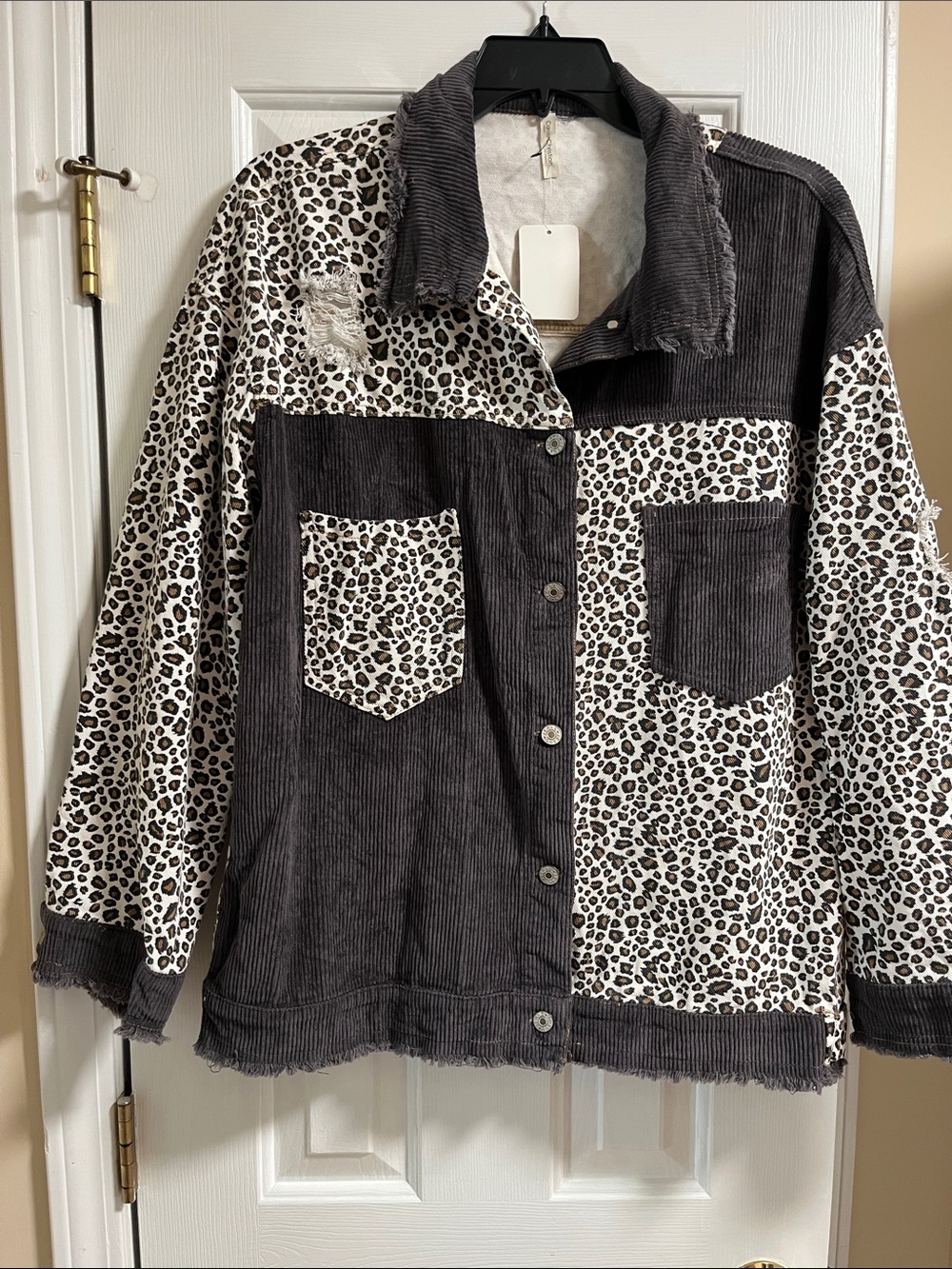 Leopard Patchwork Corduroy Jacket - Gray/White/Brown